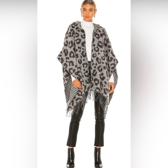 Jones New York Sweaters - Michael Stars Leopard Print Zip Up Black and Gray Poncho with Fringe O/S